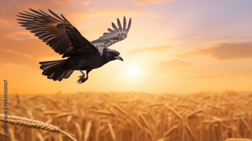Poster a bird that is flying in the air over a field of wheat with the sun in the background and a field of