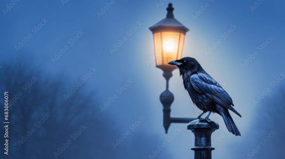 Aufkleber a bird sitting on top of a lamp post in front of a foggy sky with trees in the background.