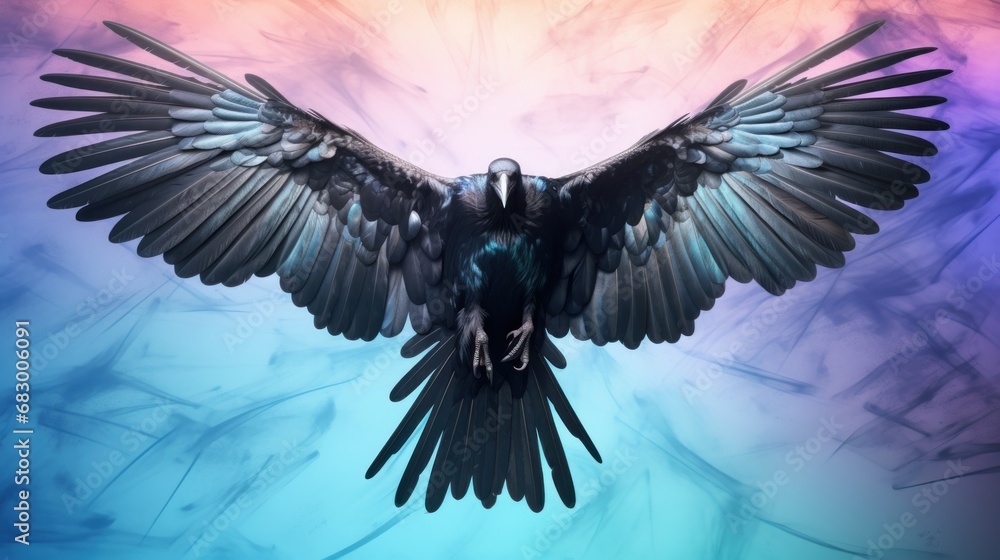 Poster a black bird with its wings spread out in front of a multicolored background with smoke and water in