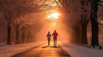 People jogging at sunrise in the park during winter time with snow