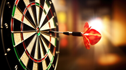 Close-up of a dartboard with a dart hitting the bullseye, symbolizing precision and achievement in the game of darts. - obrazy, fototapety, plakaty