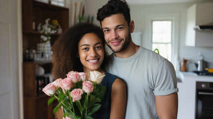 Young couple embracing and smiling at the camera in a kitchen, with the woman holding a bouquet of pink and white roses.