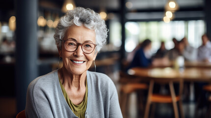 Elderly woman with gray hair and glasses, wearing a green shirt and cardigan, smiling warmly at the camera in a cafe setting. - Powered by Adobe