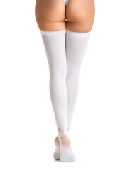 Legs in white compression stockings on a white background, thromboembolism, varicose veins.