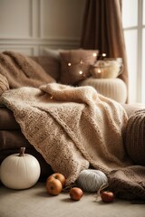 bed with pillows
home textiles knitted woolen things of brown beige color.comfort in the house and warmth