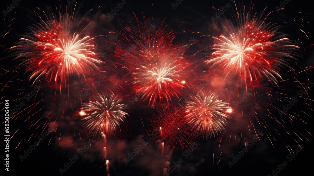 Poster a night sky illuminated by a multitude of red and white fireworks, creating a beautiful display of l
