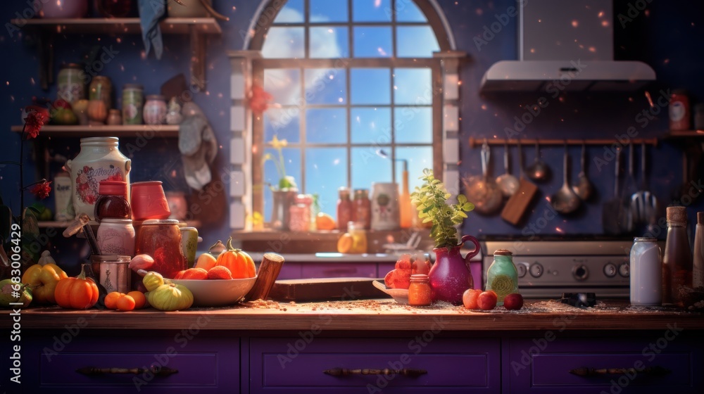 Poster a kitchen filled with lots of different types of fruits and vegetables on top of a counter next to a