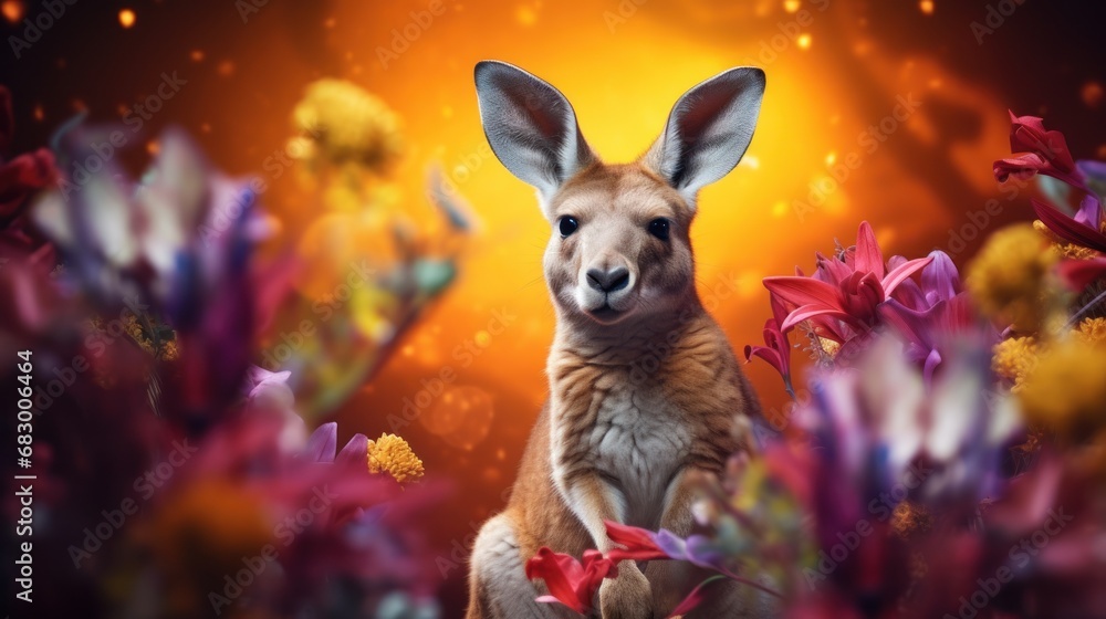 Poster a picture of a kangaroo in the middle of a field of flowers with a bright orange light in the backgr