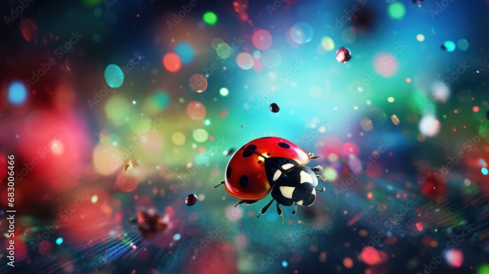 Aufkleber a ladybug flying through the air in front of a blue and red background with lots of small bubbles.