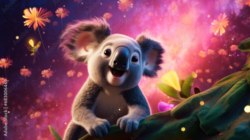 Poster a close up of a koala on a branch with flowers in the background and a sky full of stars.