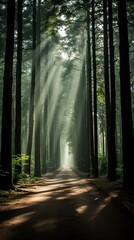 Naklejka premium A winter morning in a forest with sunlight filtering through ,Winter Landscape,Panaromic Image