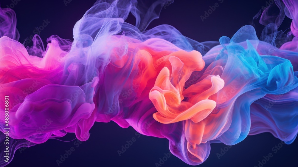 Poster a group of colored smokes floating in the air on a black background with a blue and pink color schem