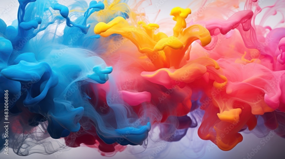 Poster a group of multicolored smokes floating in the air on a gray background with a white space in the mi