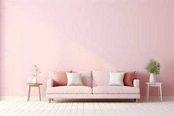 Interior home design. Minimalistic living room decoration. Pink color.