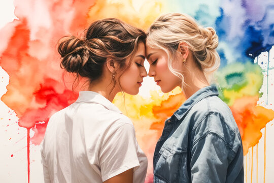 Couple on the rainbow watercolor background. LGBT Pride month concept.