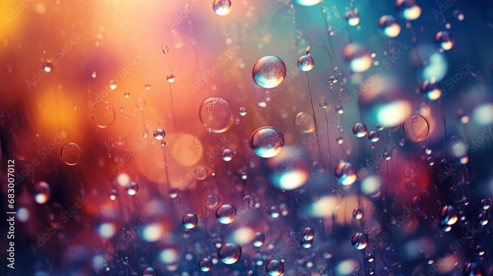 Poster drops of water on a window with a blurry image of a building in the background and a blurry image of