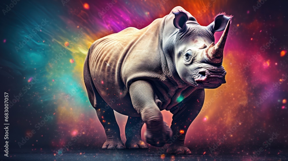 Poster a rhinoceros standing in front of a multicolored background with a star burst in the foreground.