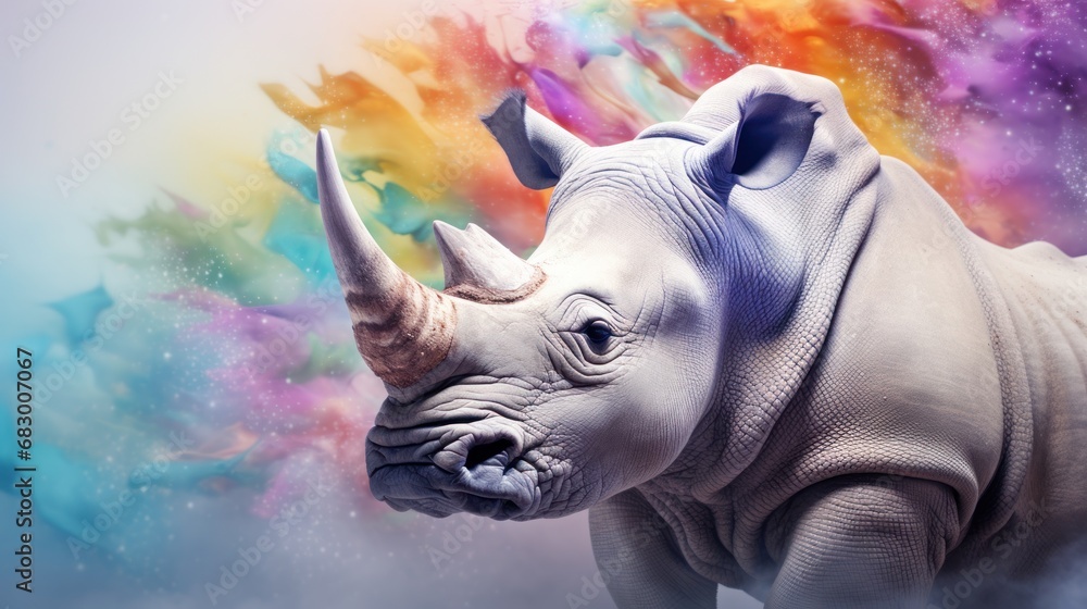 Poster a rhinoceros standing in front of a multicolored background with a rainbow effect in the middle of t