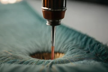 Fotobehang Close-up, macro photography sewing needle makes stitches on fabric.sewing machine © Elena