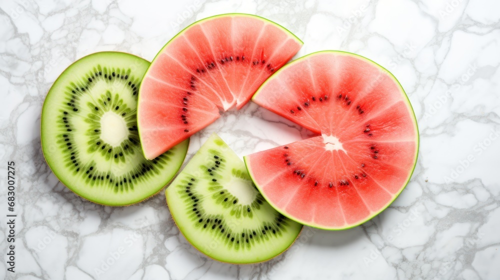 Poster slices of watermelon are arranged in a circle on a marble counter top with a white marble surface in