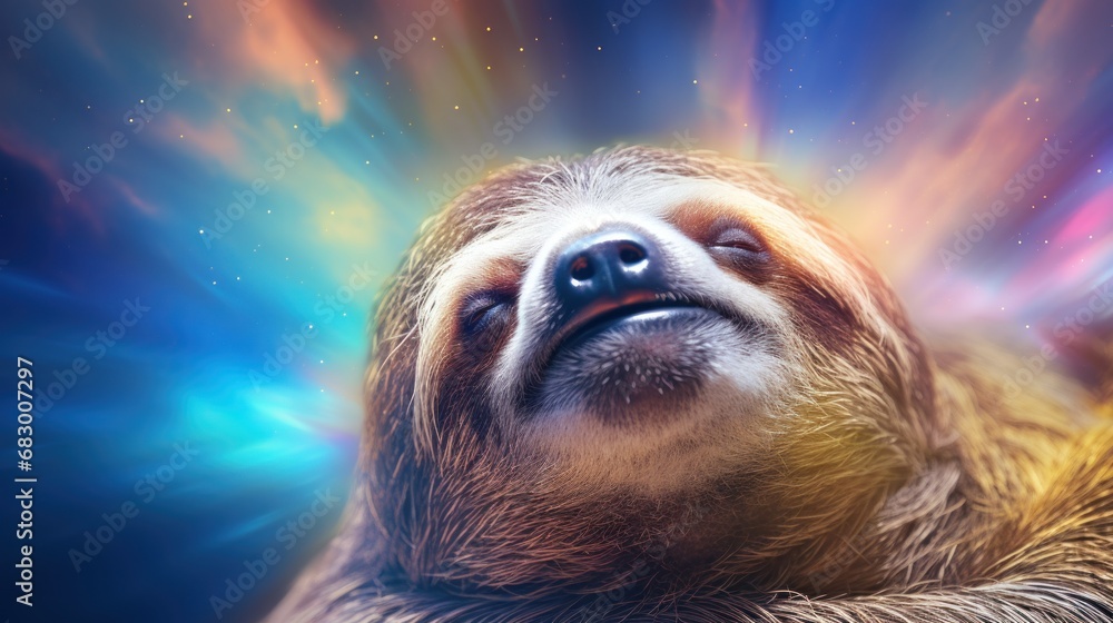 Poster a close up of a sloth laying on its back with its eyes closed and a colorful background behind it.