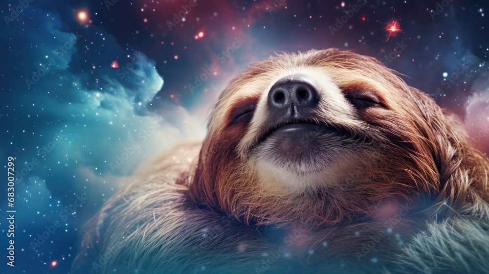 Aufkleber a close up of a sloth with its eyes closed and eyes closed in front of a star filled sky.