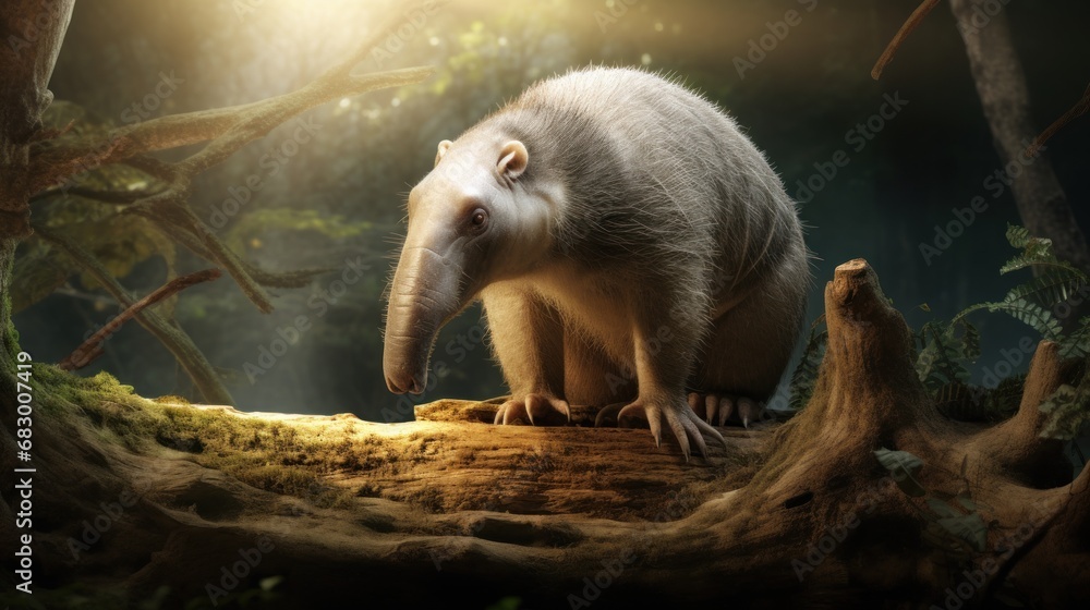Poster  a giant anteater standing on a log in a forest with a bright light coming through the trees behind it.