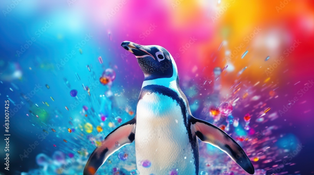 Poster a penguin standing in front of a multicolored background with bubbles and bubbles coming out of it's