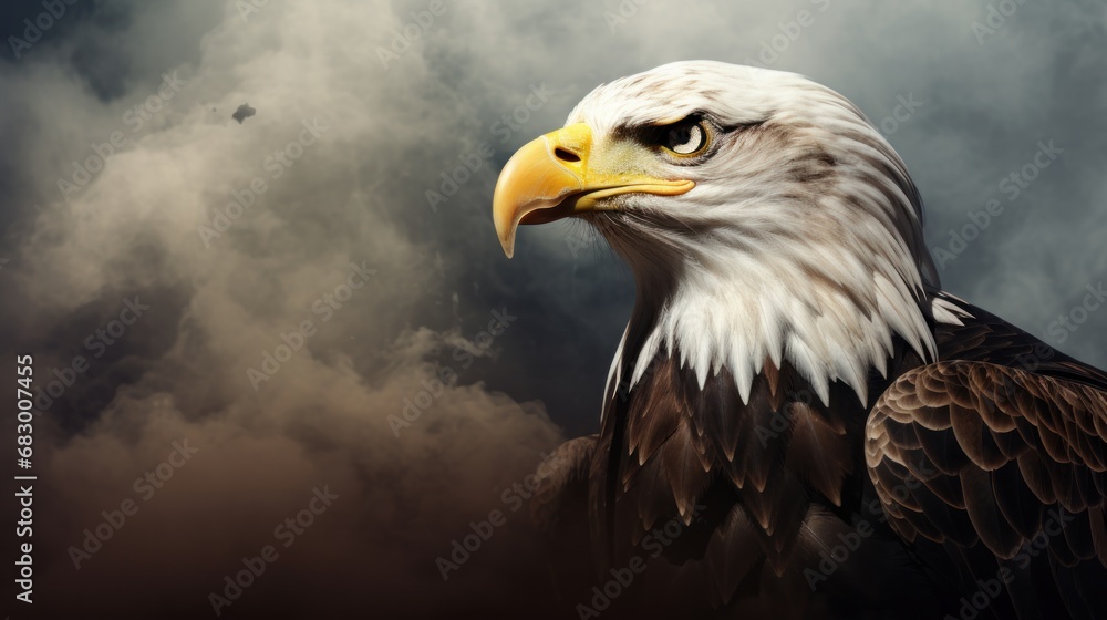 Poster a bald eagle standing in front of a cloudy sky with a bird of prey in it's talons.