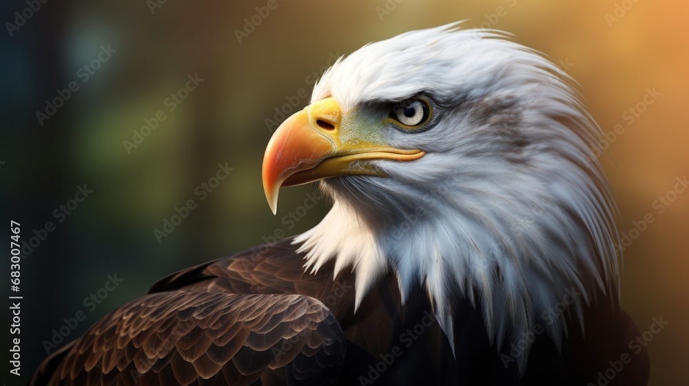 Aufkleber a close up of a bald eagle's head with a blurry background of trees and trees in the background.
