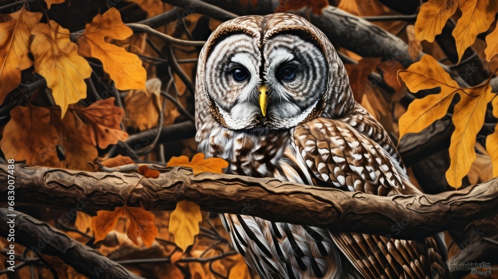 Poster  a painting of an owl sitting on a tree branch in front of a tree with yellow leaves on the branches.