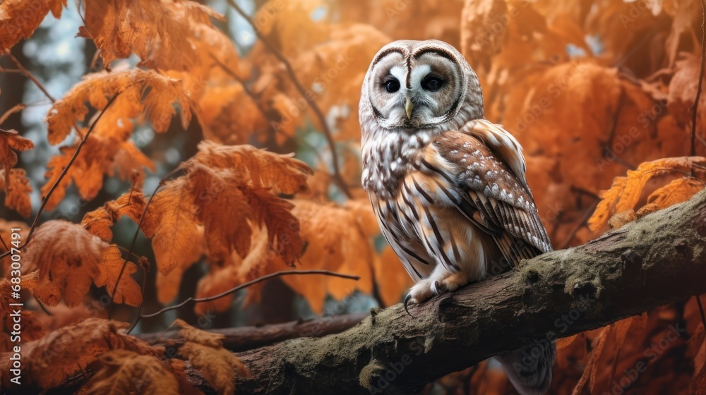Poster an owl sitting on a tree branch in front of a tree with orange leaves in the foreground and a blurry