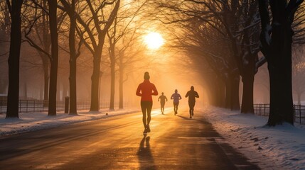 People jogging at sunrise in the park during winter time with snow - obrazy, fototapety, plakaty