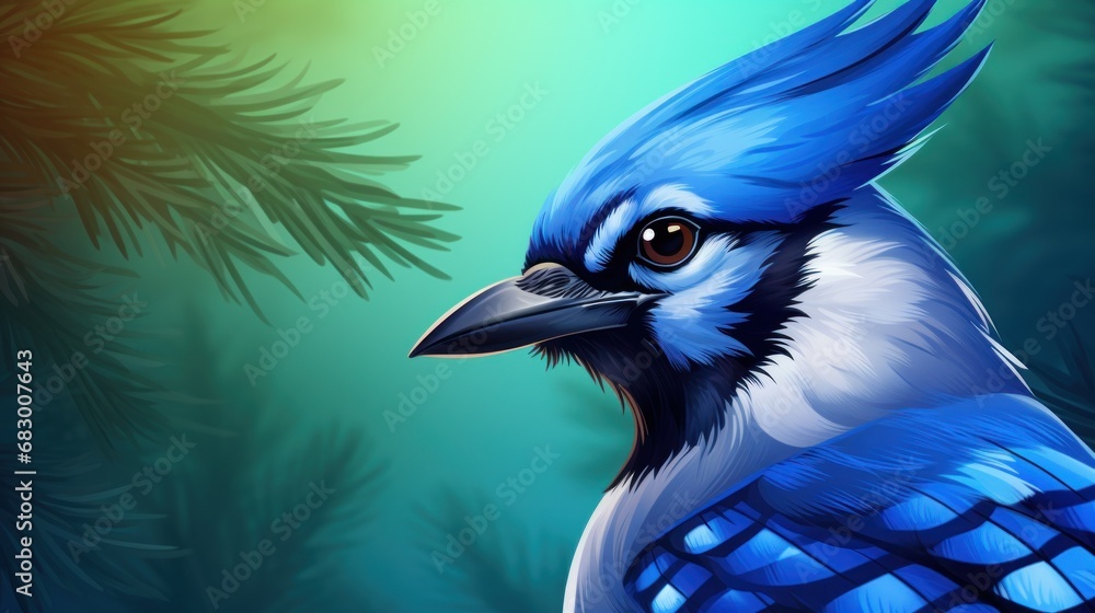 Poster a close up of a blue and white bird on a branch of a tree with a background of pine needles.