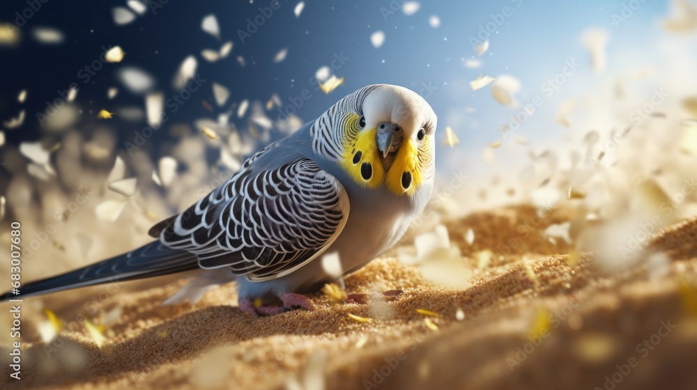 Poster a close up of a bird on a beach with confetti flying in the air in front of it.