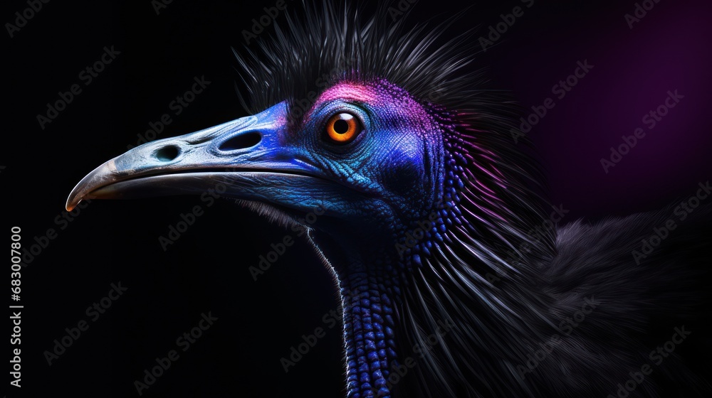 Poster a close up of a bird with a very colorful look on it's face and a black background behind it.