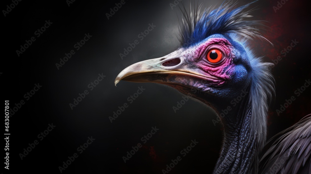 Poster a close up of a bird with a red eye and a black background with a red spot on it's head.