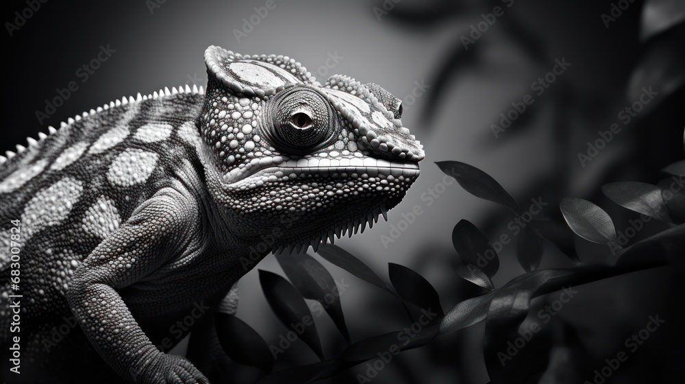 Poster a black and white photo of a chamelon sitting on a branch with leaves in front of a dark background.