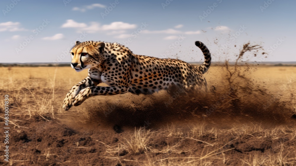 Poster a cheetah running through a field in the middle of a dirt and grass field with a blue sky in the bac