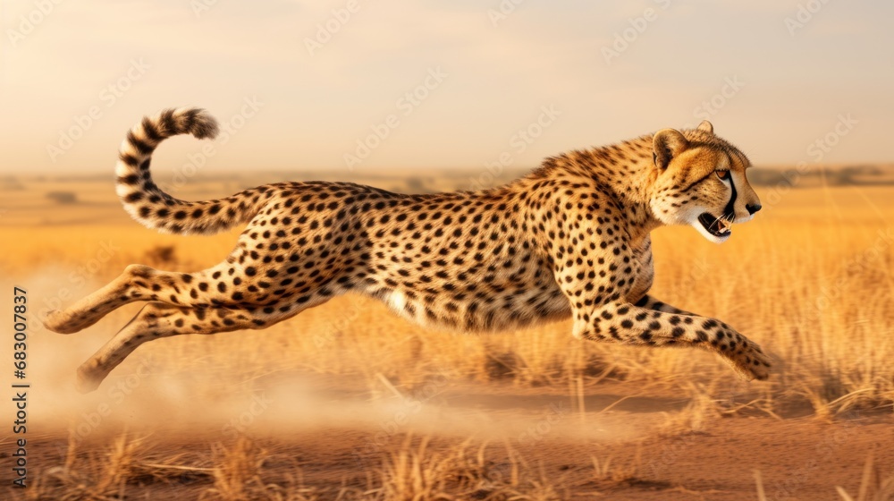 Poster a cheetah running in the middle of a field of dry grass with it's mouth open and it's mouth wide ope