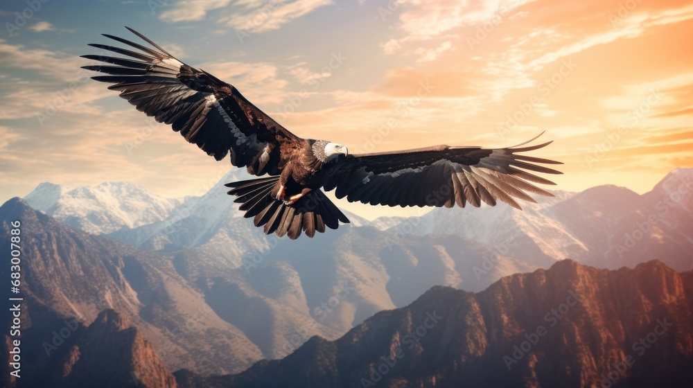 Poster a large bird flying in the air over a mountain range with a sunset in the background and a mountain 