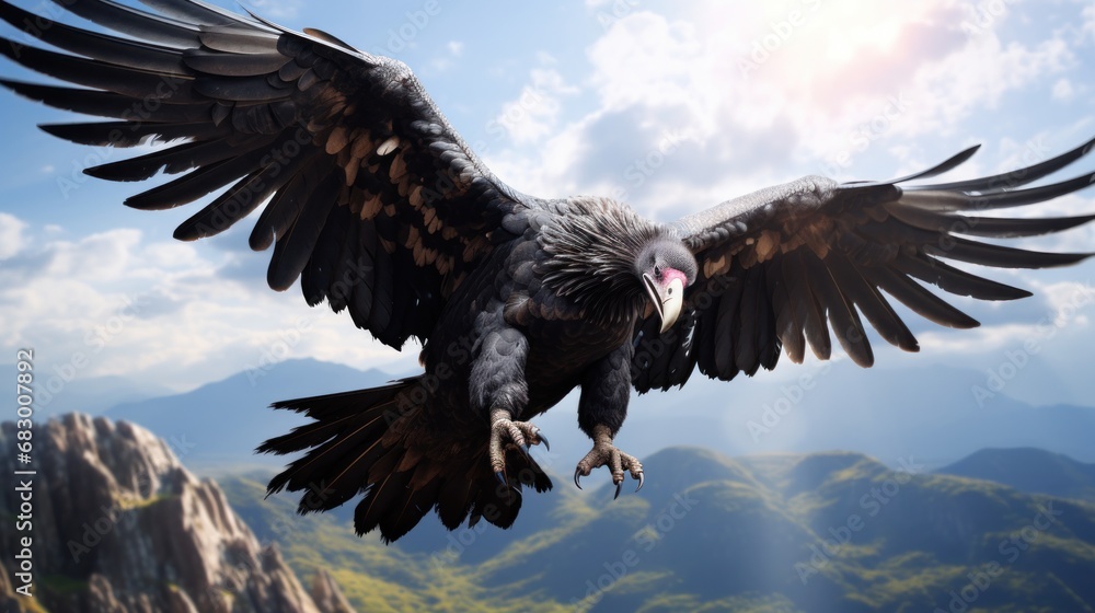 Poster a bird that is flying in the air with it's wings wide open and it's eyes wide open.
