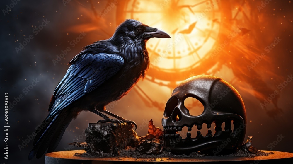 Poster a black bird sitting on top of a skull next to a black bird with a skull in front of it.