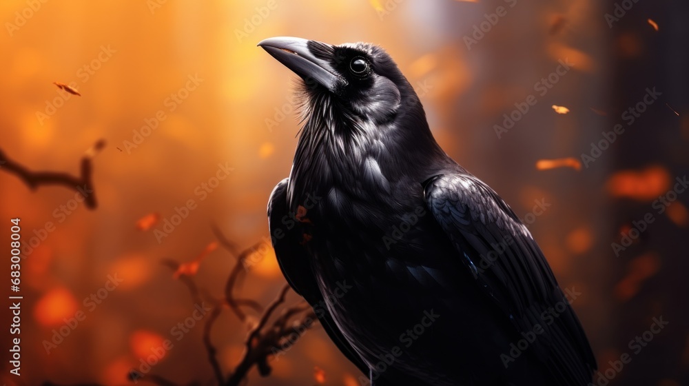Poster a black bird sitting on top of a tree branch in front of a yellow and orange background with a tree 