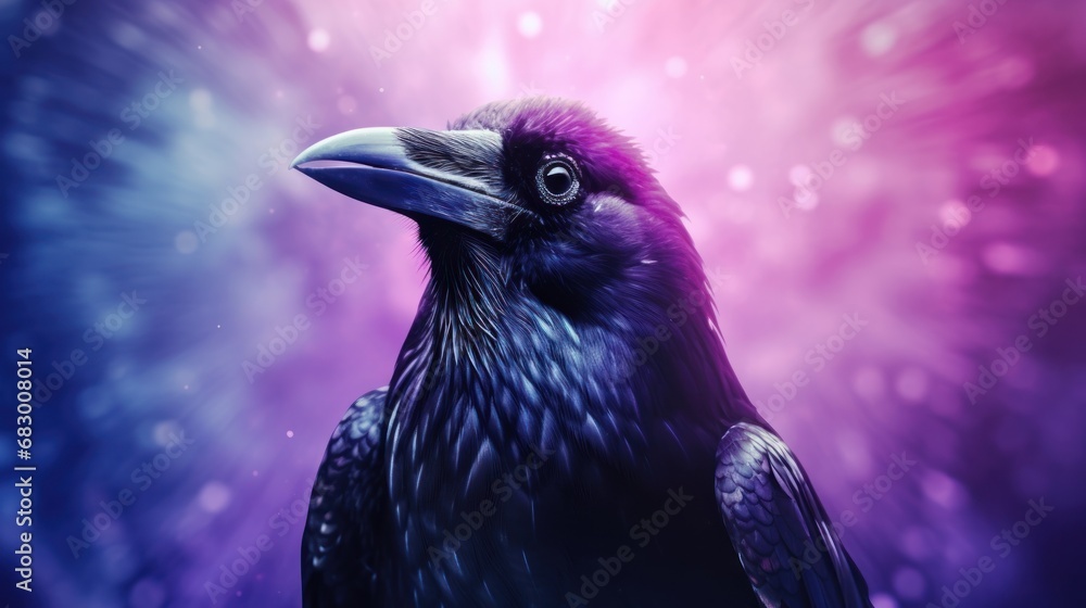 Poster a close up of a black bird on a purple and blue background with a starburst in the background.