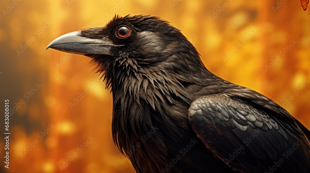 Poster a close up of a black bird on a tree branch with a background of leaves and a light orange sky.