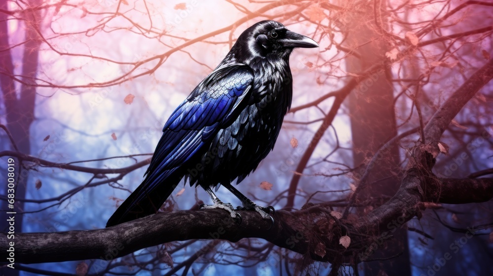 Poster a black bird sitting on top of a tree branch in front of a red and blue forest filled with leaves.