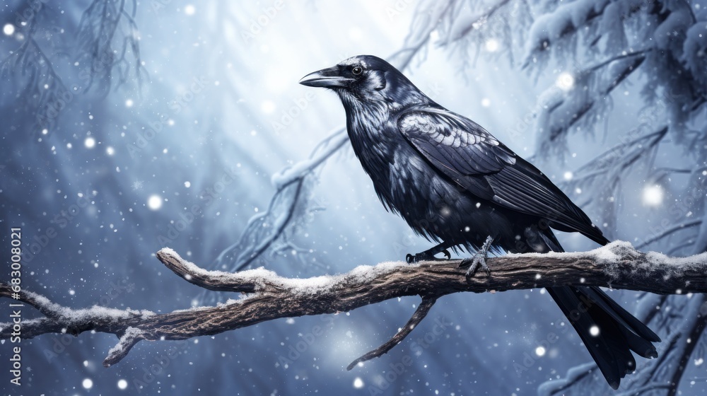 Poster a black bird sitting on a branch of a tree in a snowy forest with snow falling down on the branches.