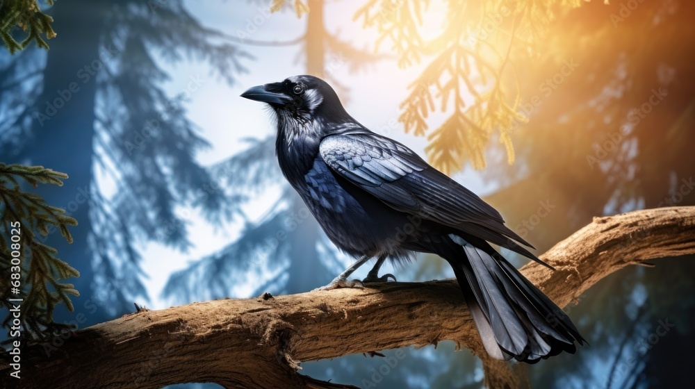 Poster a black bird sitting on a branch of a tree in front of a forest with lots of trees in the background