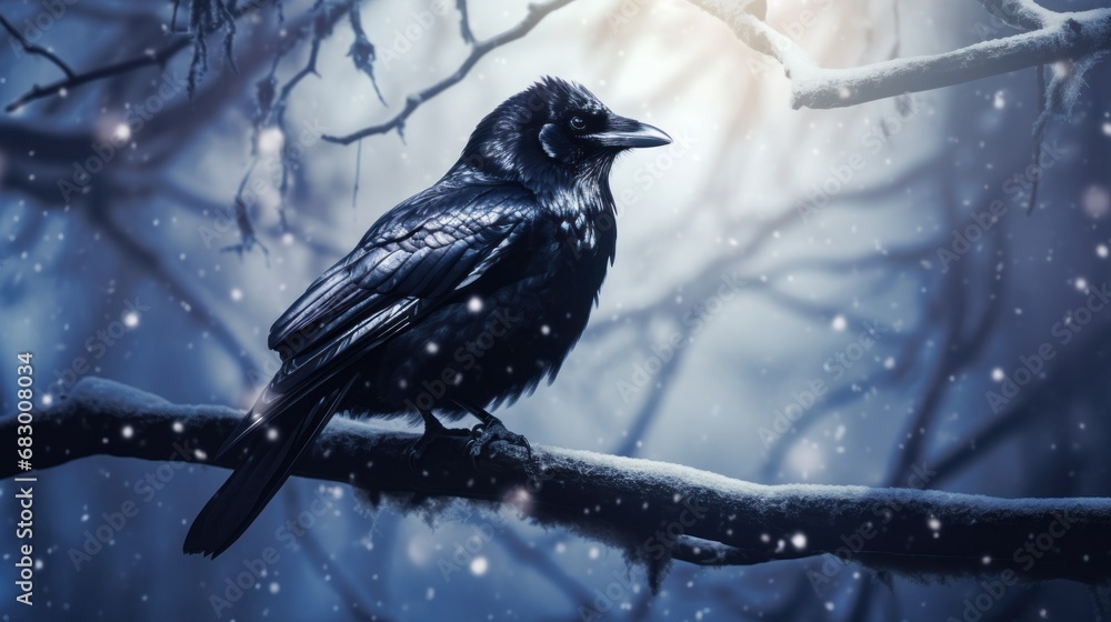 Poster a black bird sitting on top of a tree branch in front of a snow covered forest filled with falling s